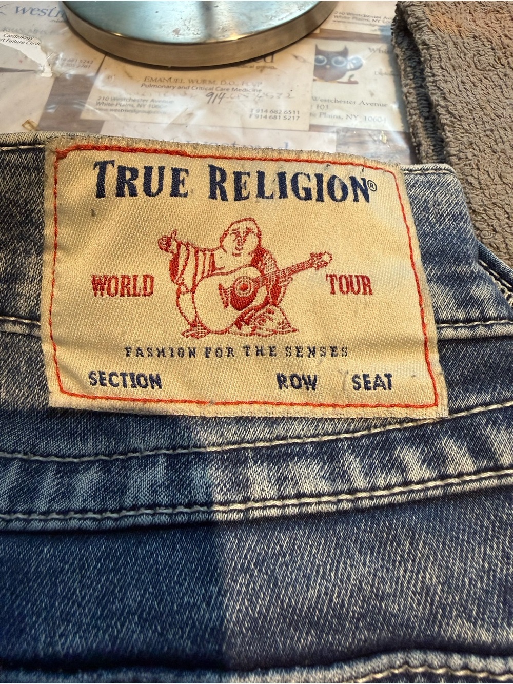 True Religion  Medium Blue Skinny Mens Jeans with World Tour Patch Size 34 X 30